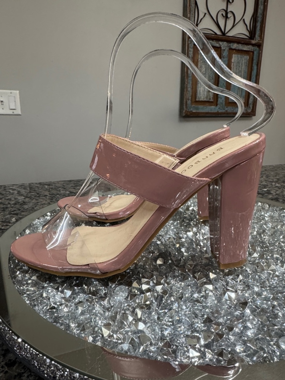 BAMBOO Mauve Patent Block Heel Slides with Clear Straps EUC 8